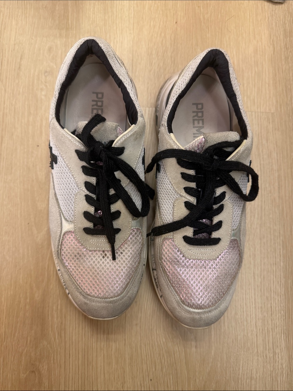 Premiata White and Pink Women's Mesh Sneakers with Black Laces